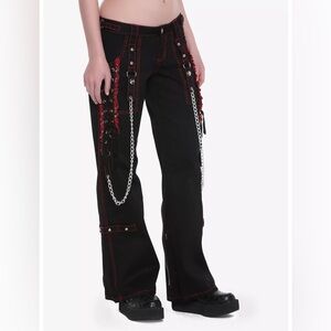 Tripp NYC Black And Red Plaid Lace-Up Chain Pants Gothic Chain Wide Leg Jeans